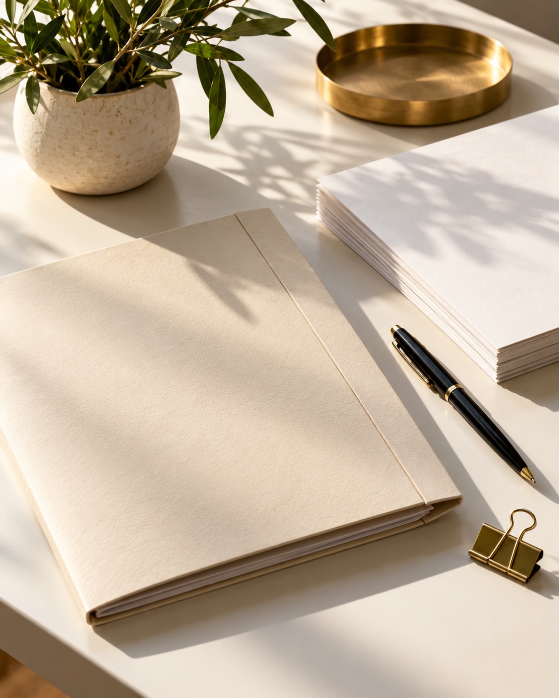 Illustrative AI still life of a document folder, papers and a black pen in warm sunlight